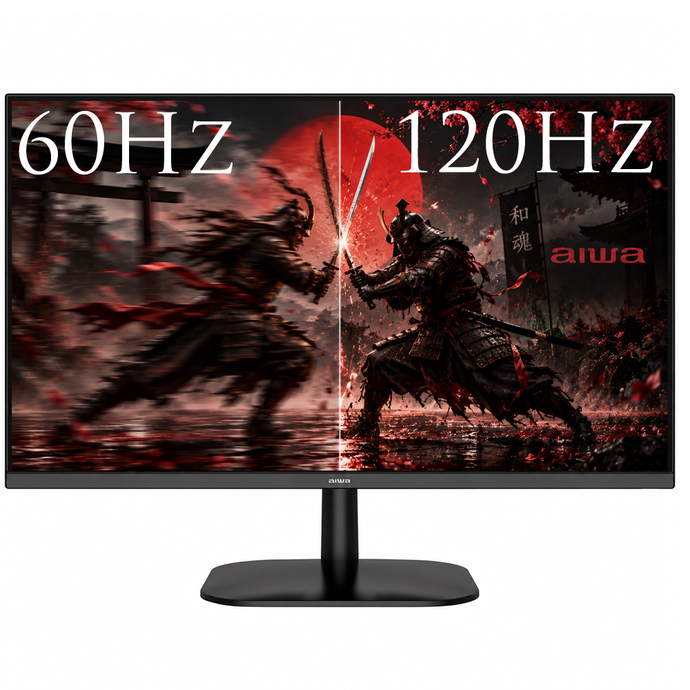 Monitor przedstawia porównanie walki samurajów między 60Hz a 120Hz na czerwonym tle.