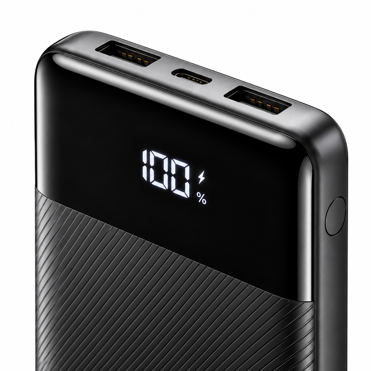 %100 dijital ekranlı, USB portlu ve dokulu alt gövdeli siyah powerbank.
