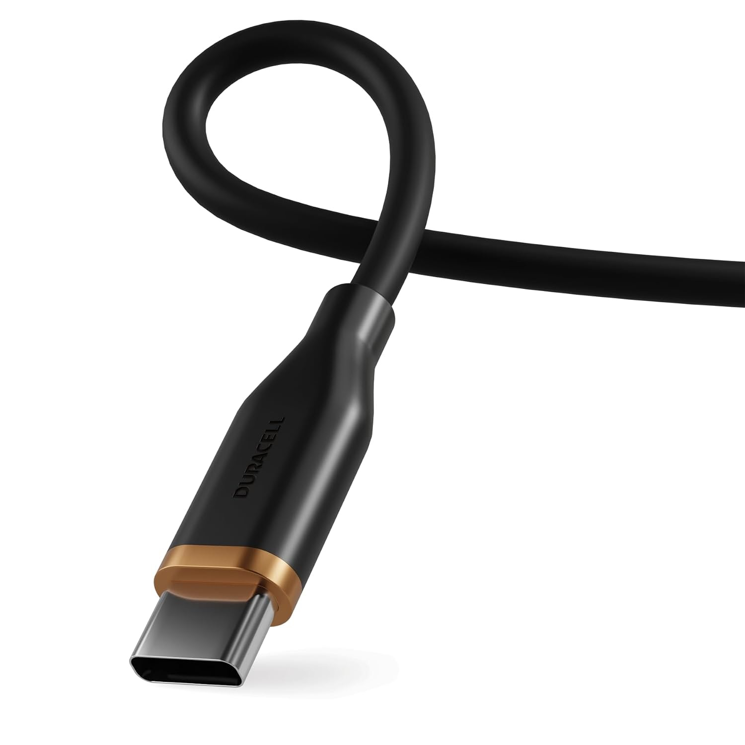 Beyaz arka planda altın rengi detaylı ve Duracell markalı siyah bir USB-C kablosu.