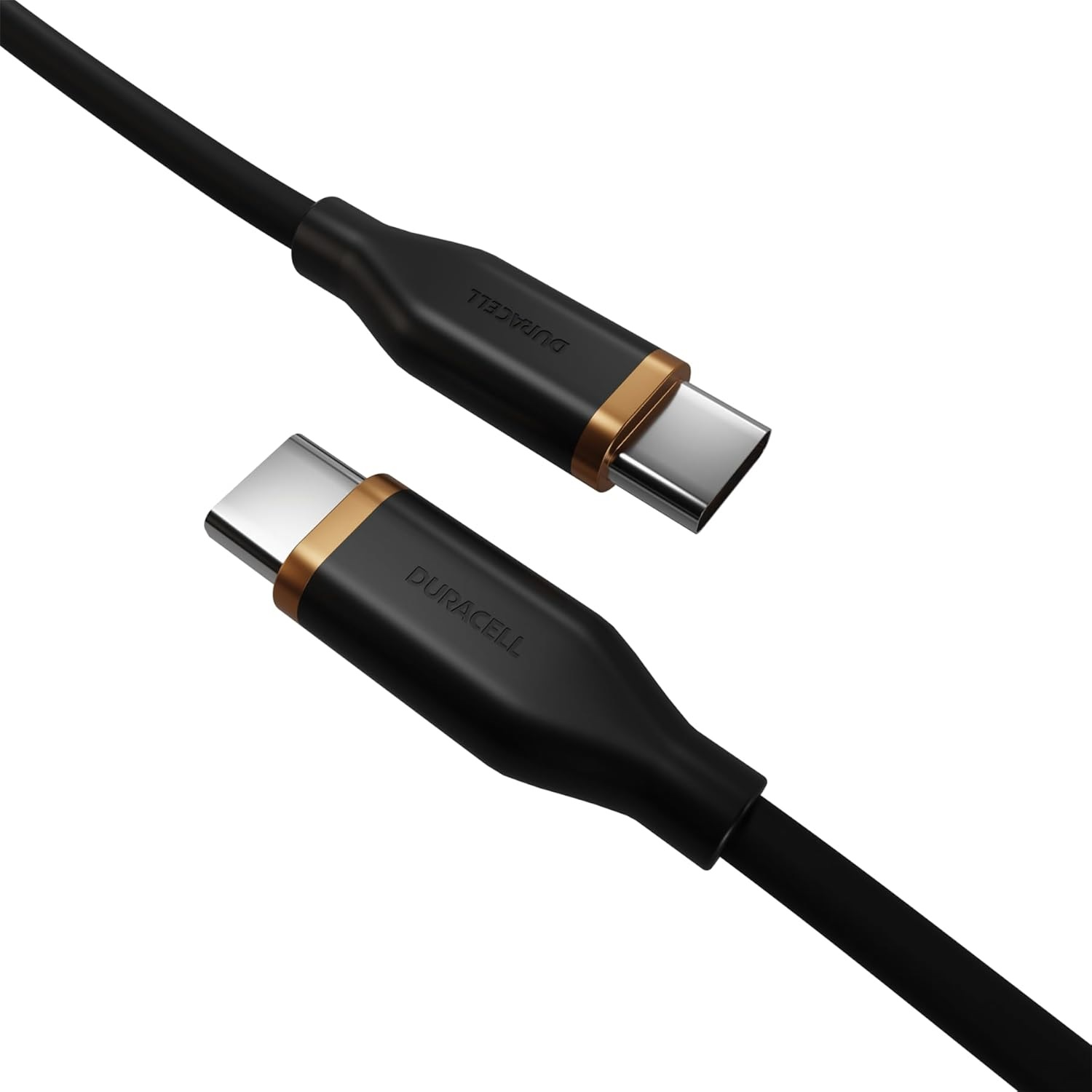 Beyaz arkaplanda metalik bronz detaylara sahip iki siyah Duracell USB-C kablosu.