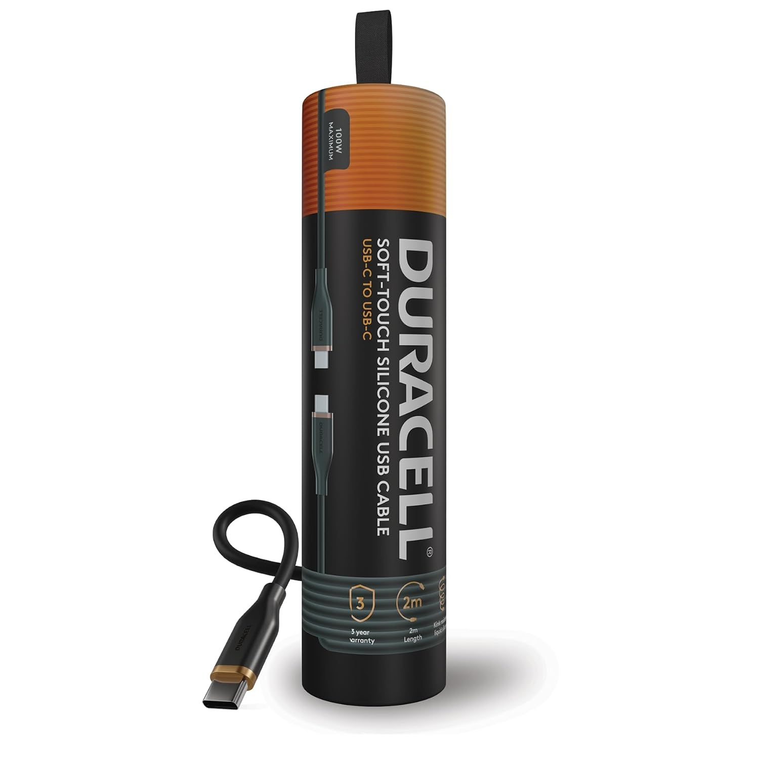 USB-C konektörlü siyah ve turuncu silindirik ambalajında Duracell silikon USB kablosu.