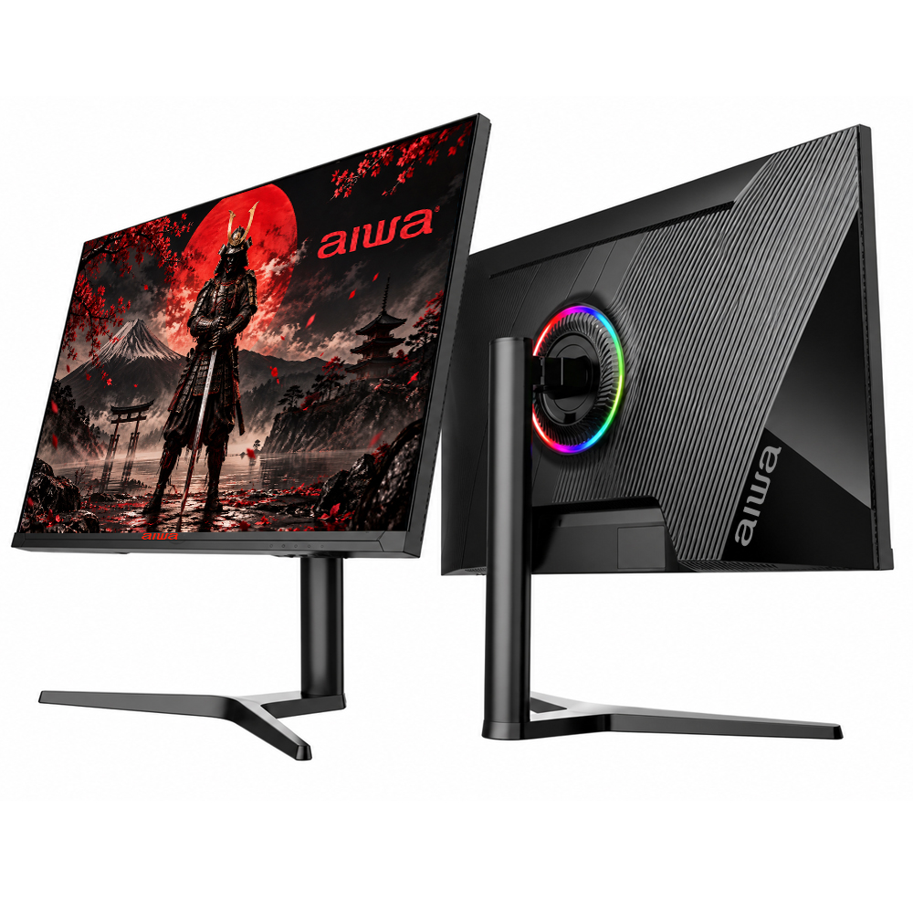 Dwa czarne monitory gamingowe Aiwa pokazują scenę z samurajem z przodu i oświetlenie RGB z tyłu.