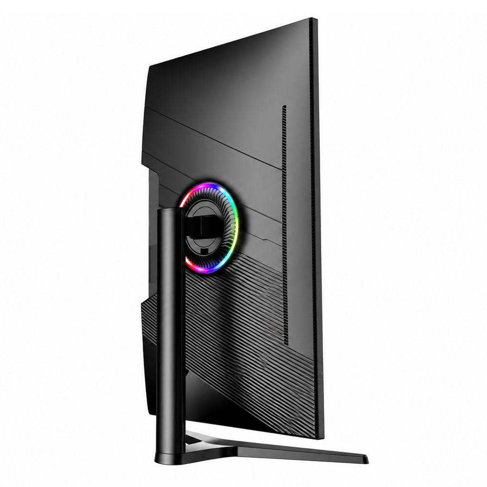 Widok z tyłu czarnego monitora gamingowego z podświetleniem RGB na białym tle.