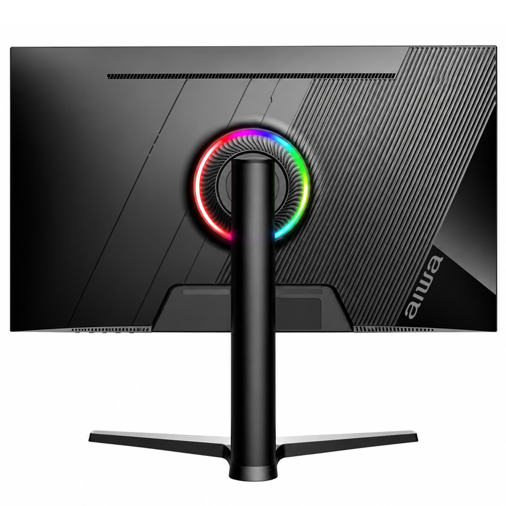 Widok z tyłu czarnego monitora z pierścieniem RGB, podstawką i logo Aiwa.