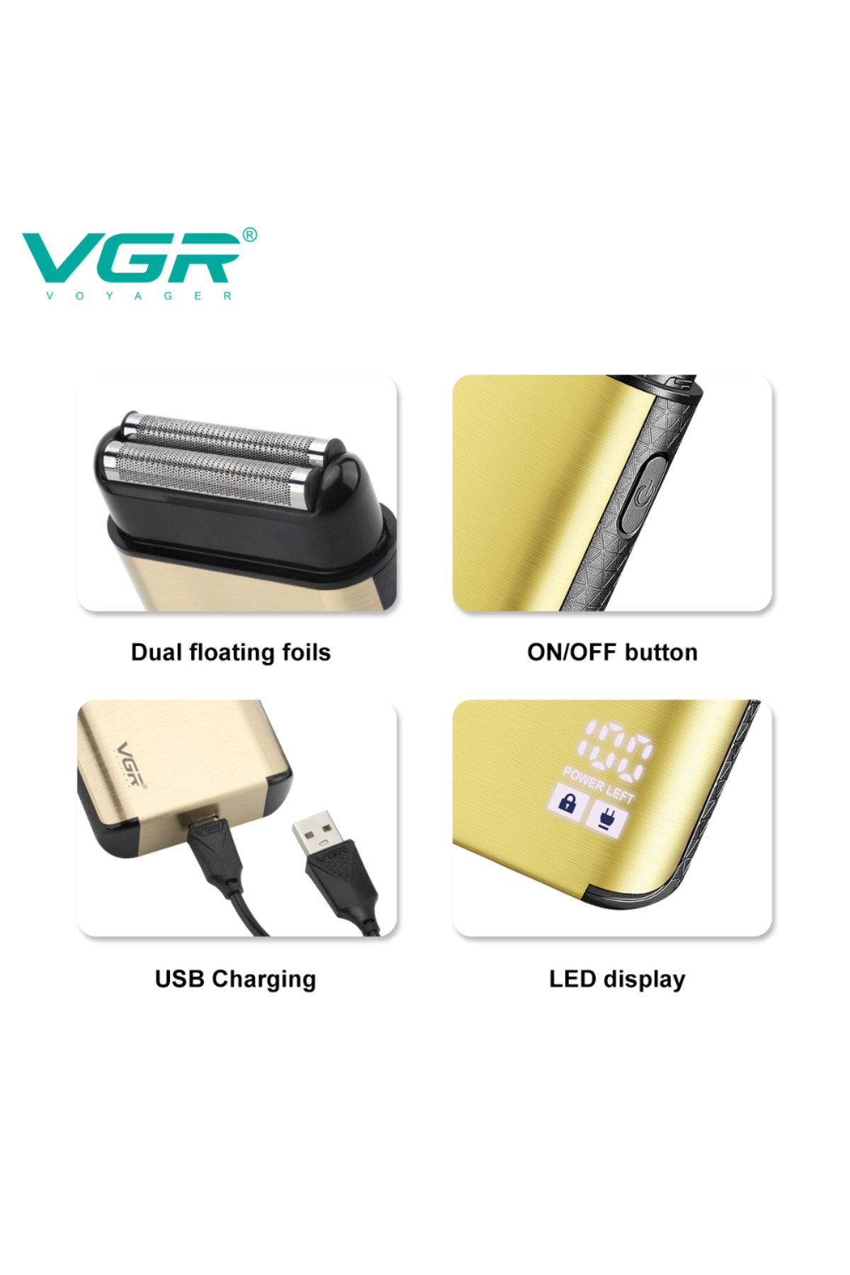 Çift folyo, açma/kapama tuşu, USB şarj ve LED ekran gösteren VGR tıraş makinesi.