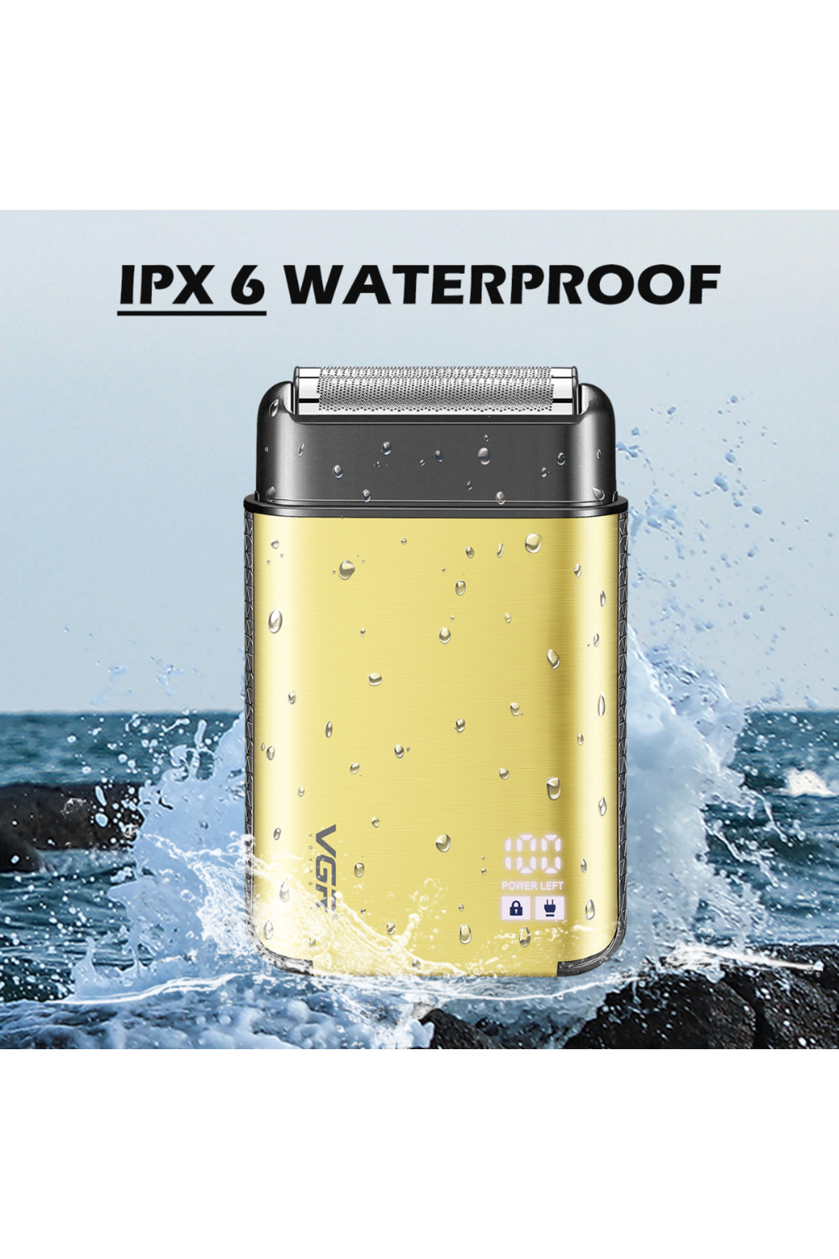 IPX 6 WATERPROOF yazısıyla birlikte dalgalı deniz arka planında su geçirmez altın renkli tıraş makinesi.