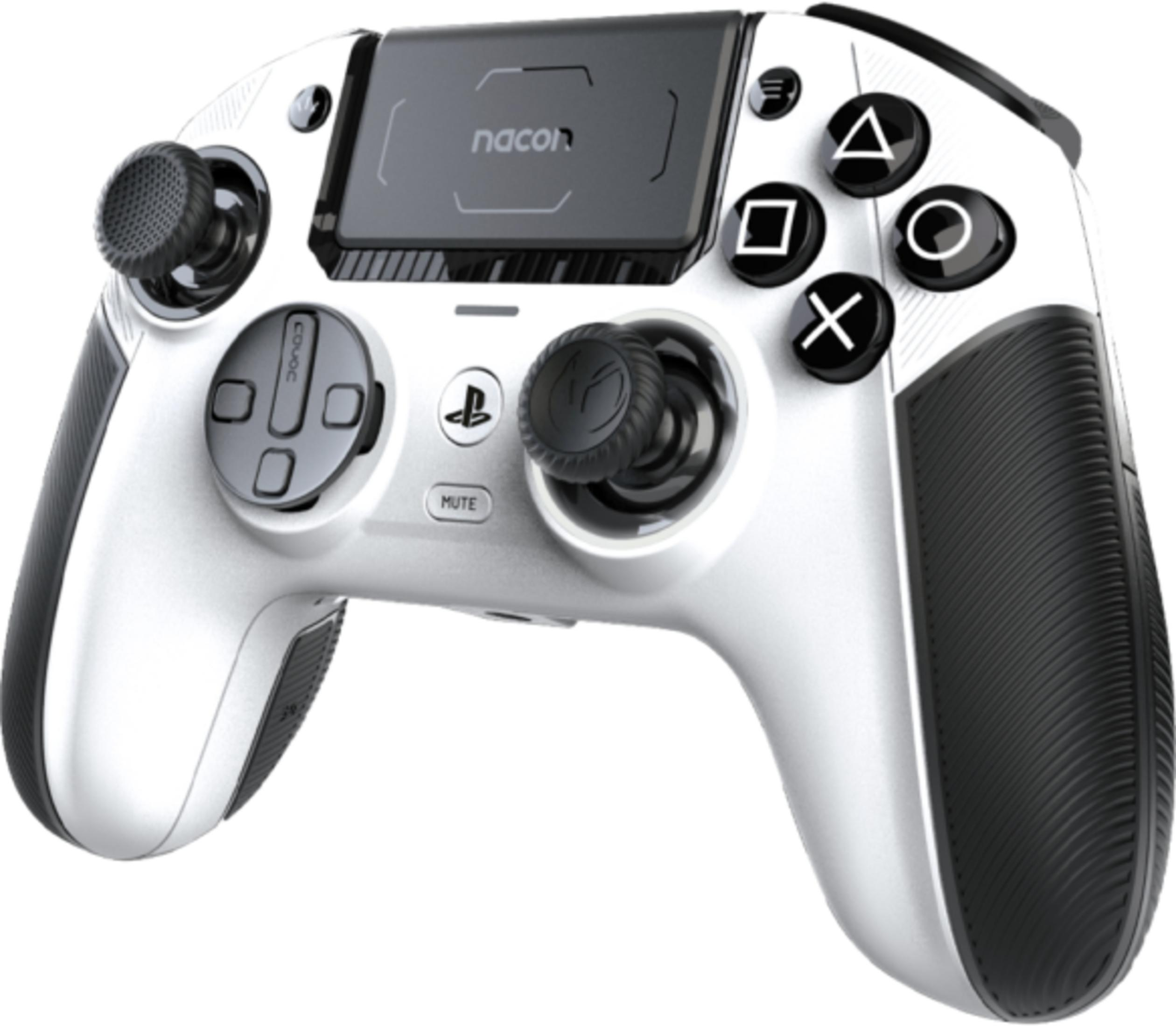 Biało-czarny kontroler do gier Nacon PlayStation z teksturowanymi uchwytami, dwoma drążkami i przyciskami.