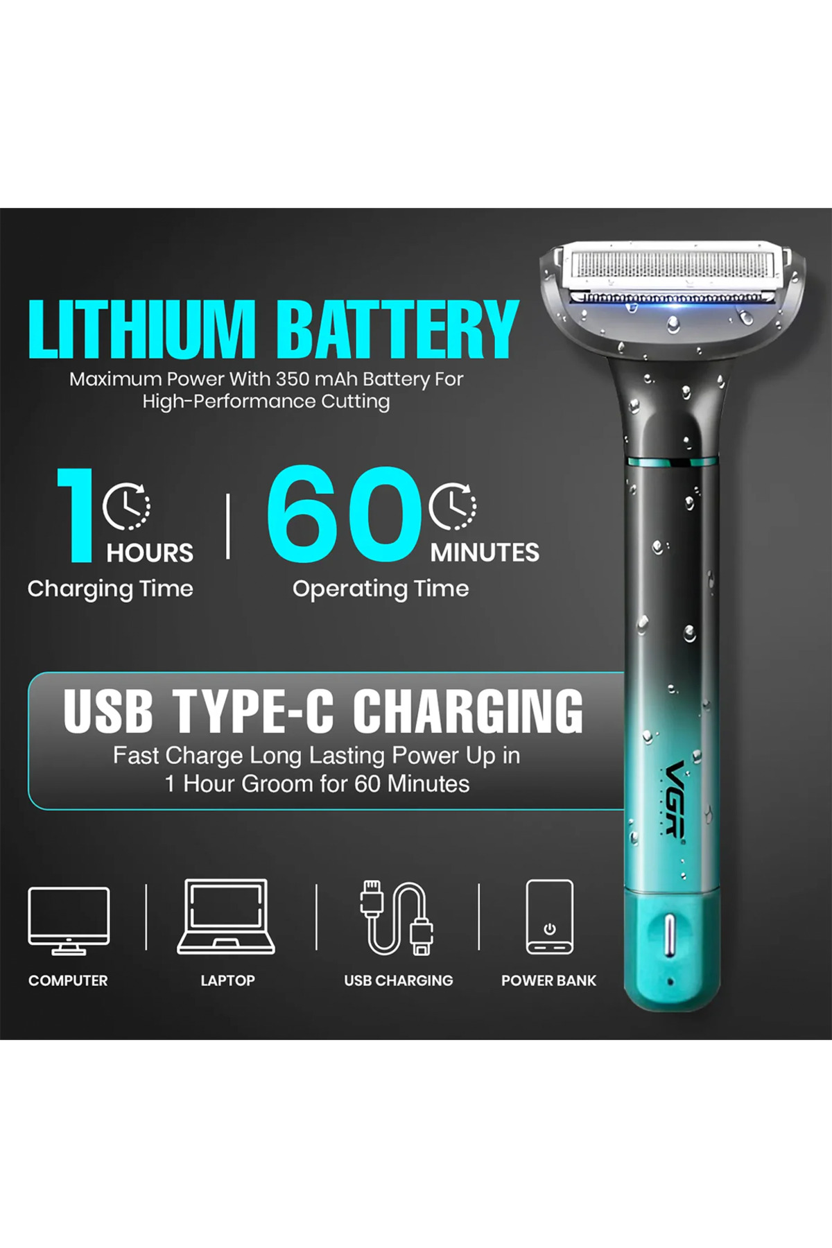 USB-C şarjlı, 1 saat şarj süresi ve 60 dakika çalışma süresi olan turkuaz elektrikli tıraş makinesi.