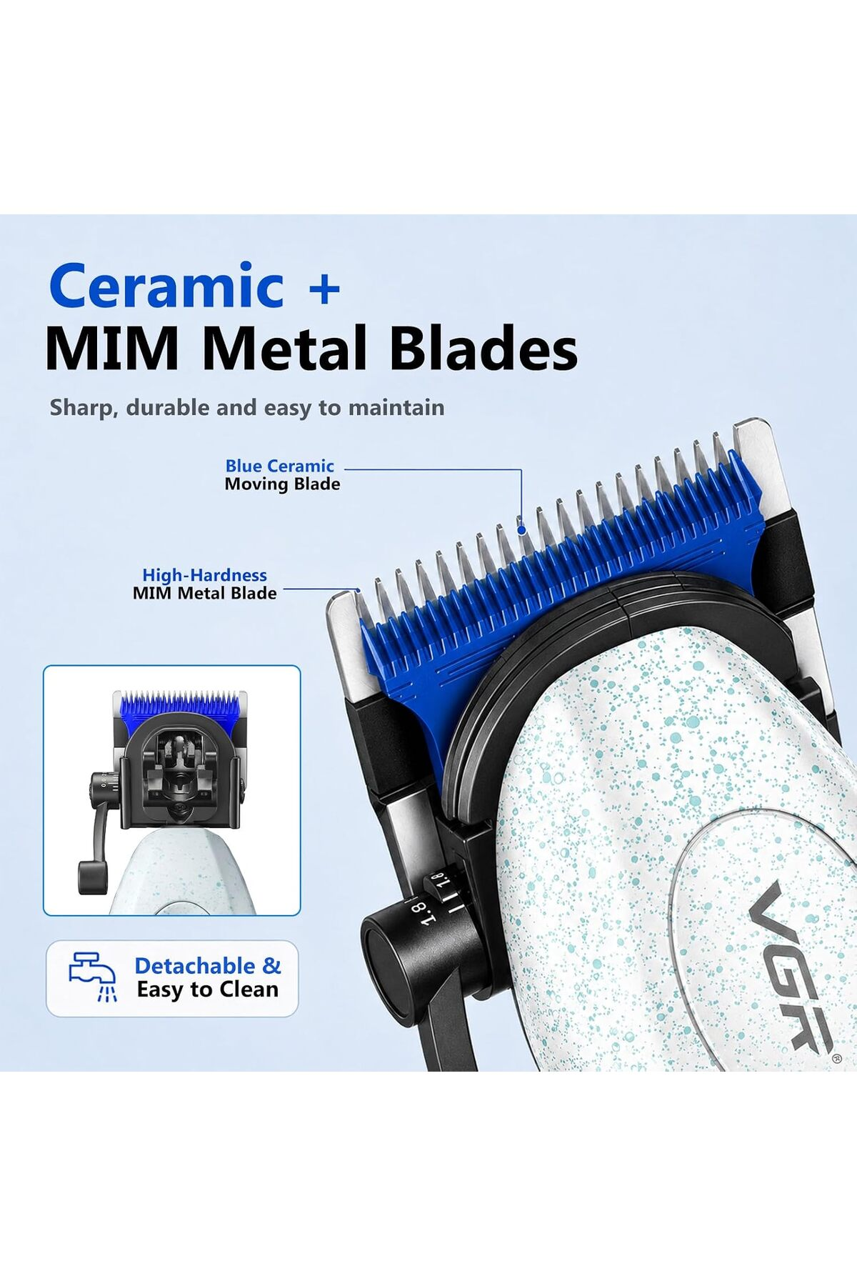 Beyaz ve mavi arka planda mavi seramik hareketli bıçak ve metal bıçaklı saç kesme makinesi.
