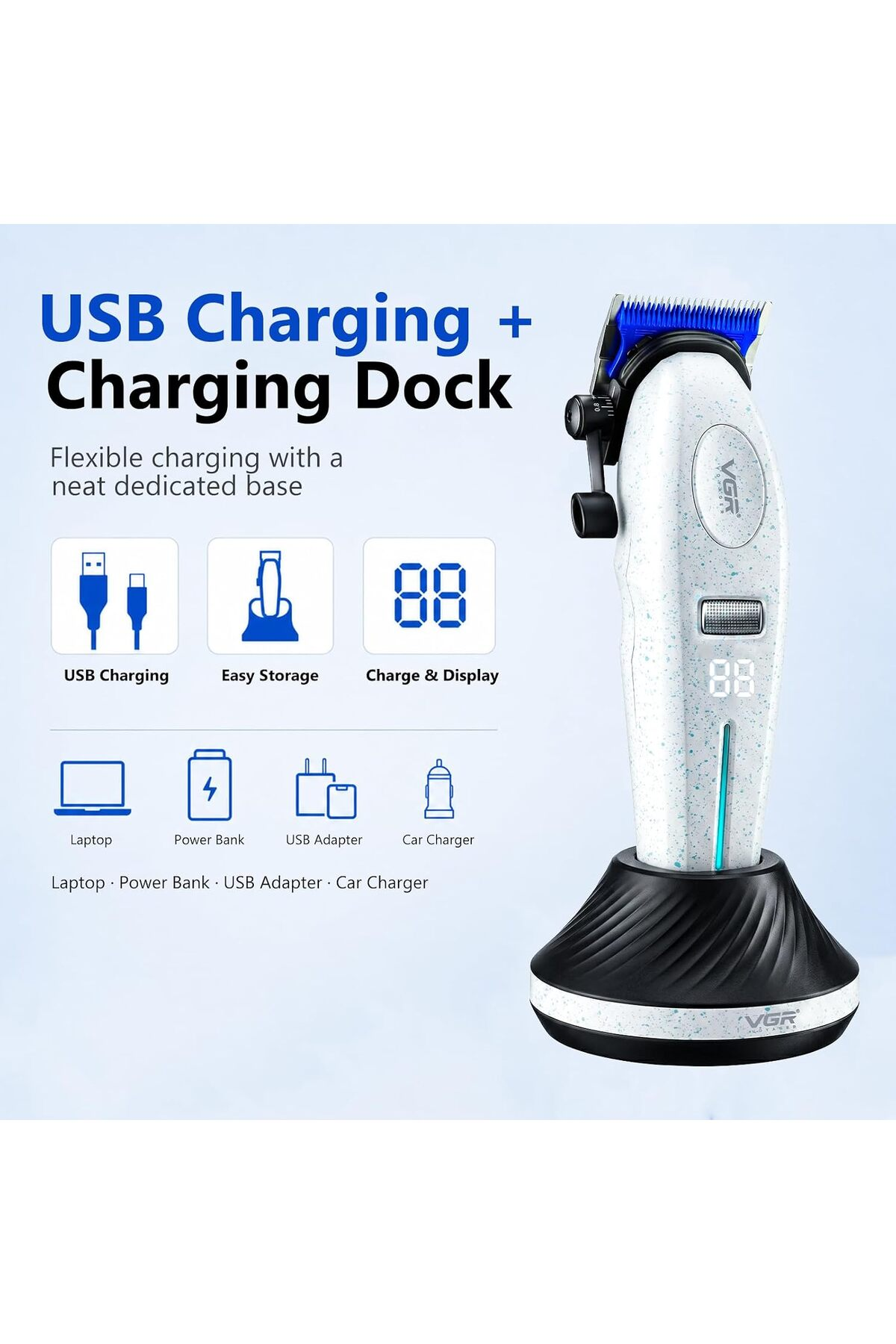 Mavi detaylı ve şarj stantlı beyaz saç kesme makinesi, USB şarj ve ekran simgeleriyle.