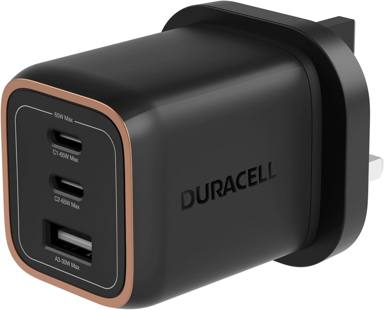 İki USB-C ve bir USB-A bağlantı noktasına sahip siyah Duracell USB duvar şarj cihazı.
