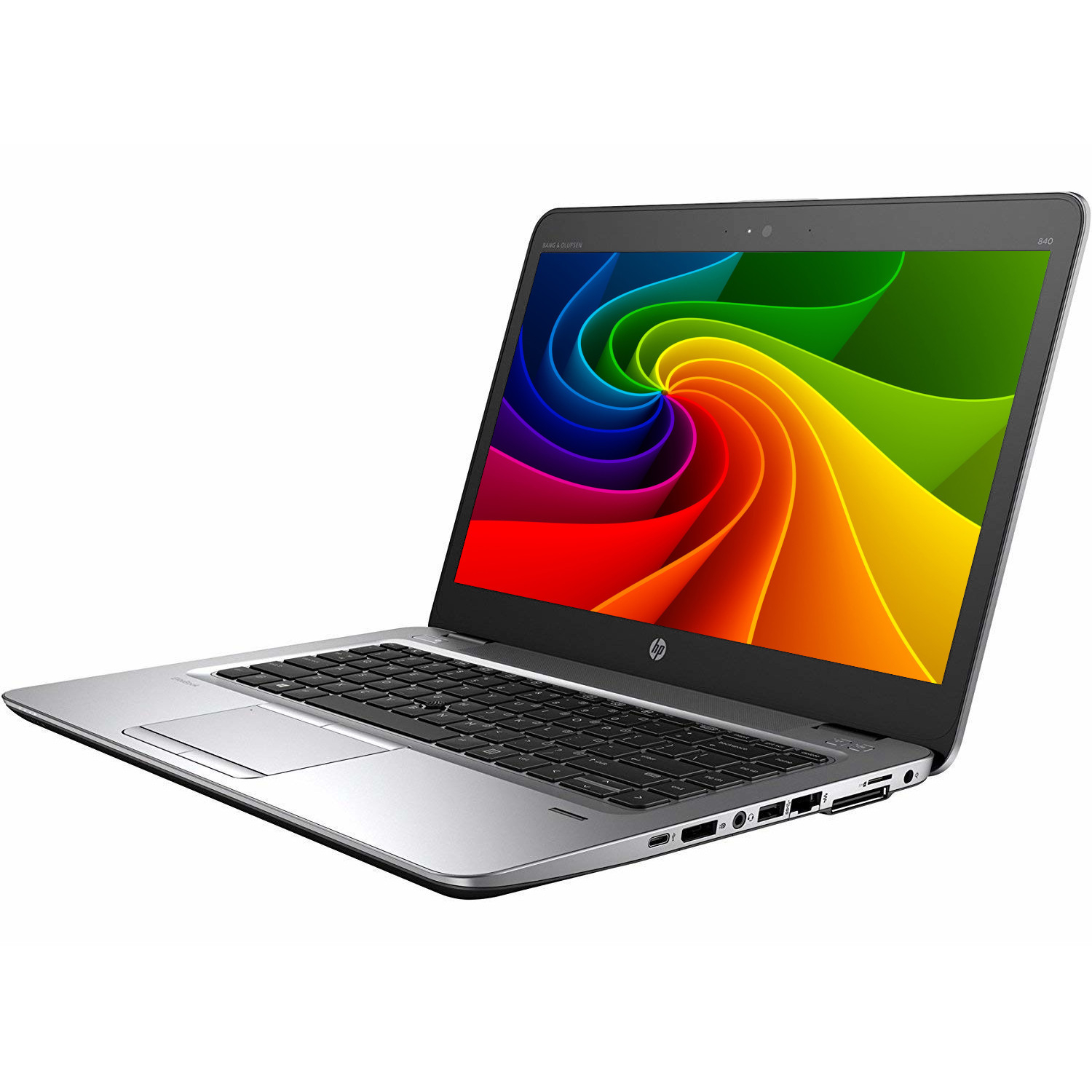 Ein silberner HP-Laptop auf weißem Hintergrund mit einem bunten, wirbelnden Regenbogenmuster auf dem Bildschirm.