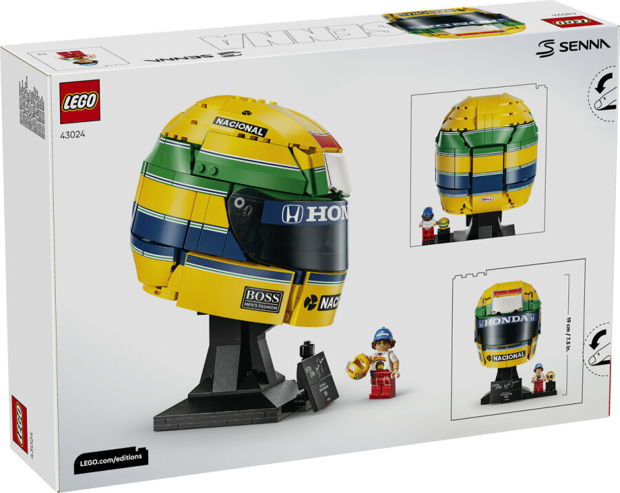 Pudełko Lego przedstawia żółto-zielono-niebieski model kasku Ayrtona Senny na stojaku z minifigurką.