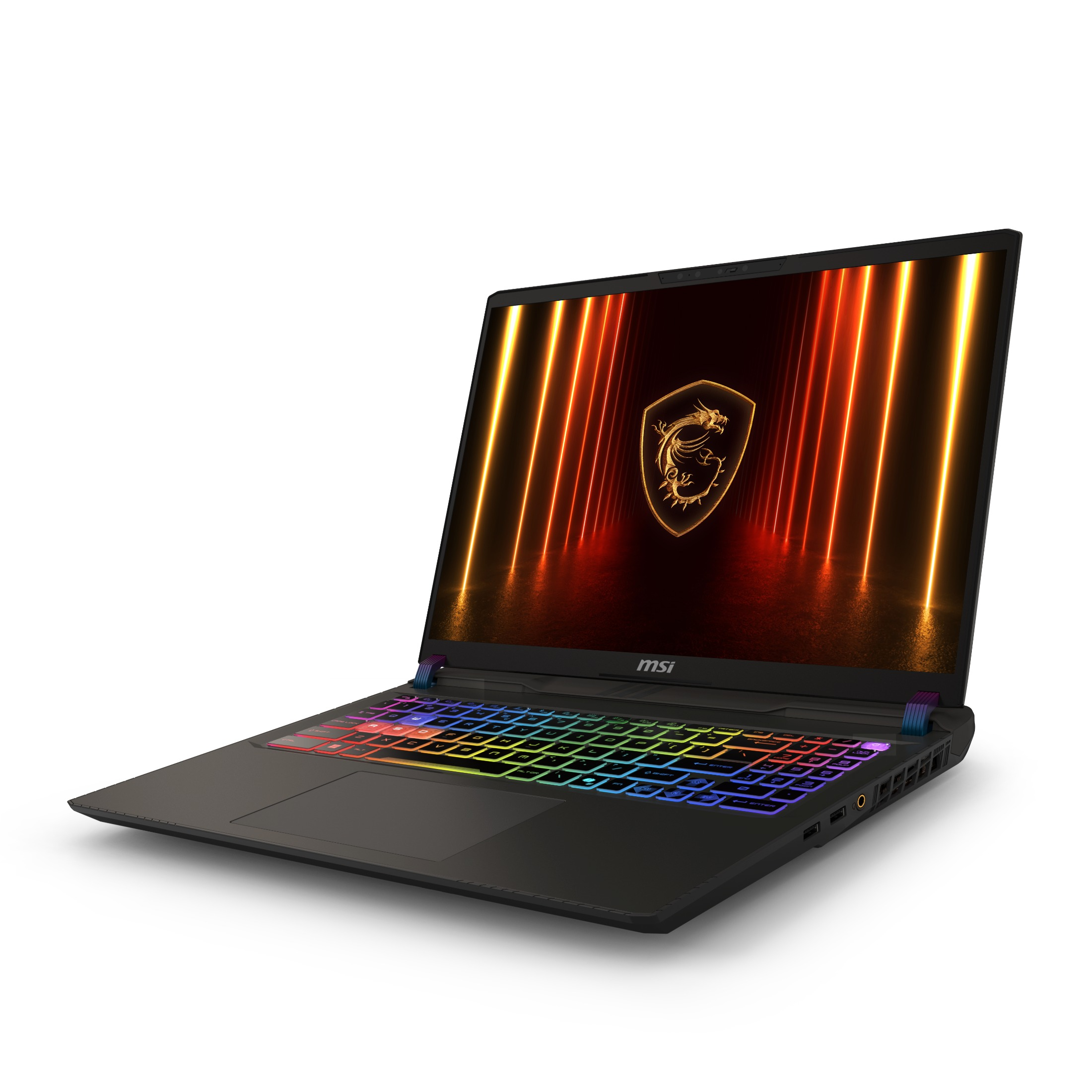 Ein schwarzer MSI-Gaming-Laptop mit RGB-beleuchteter Tastatur und goldenem Drachenlogo auf dem Bildschirm.