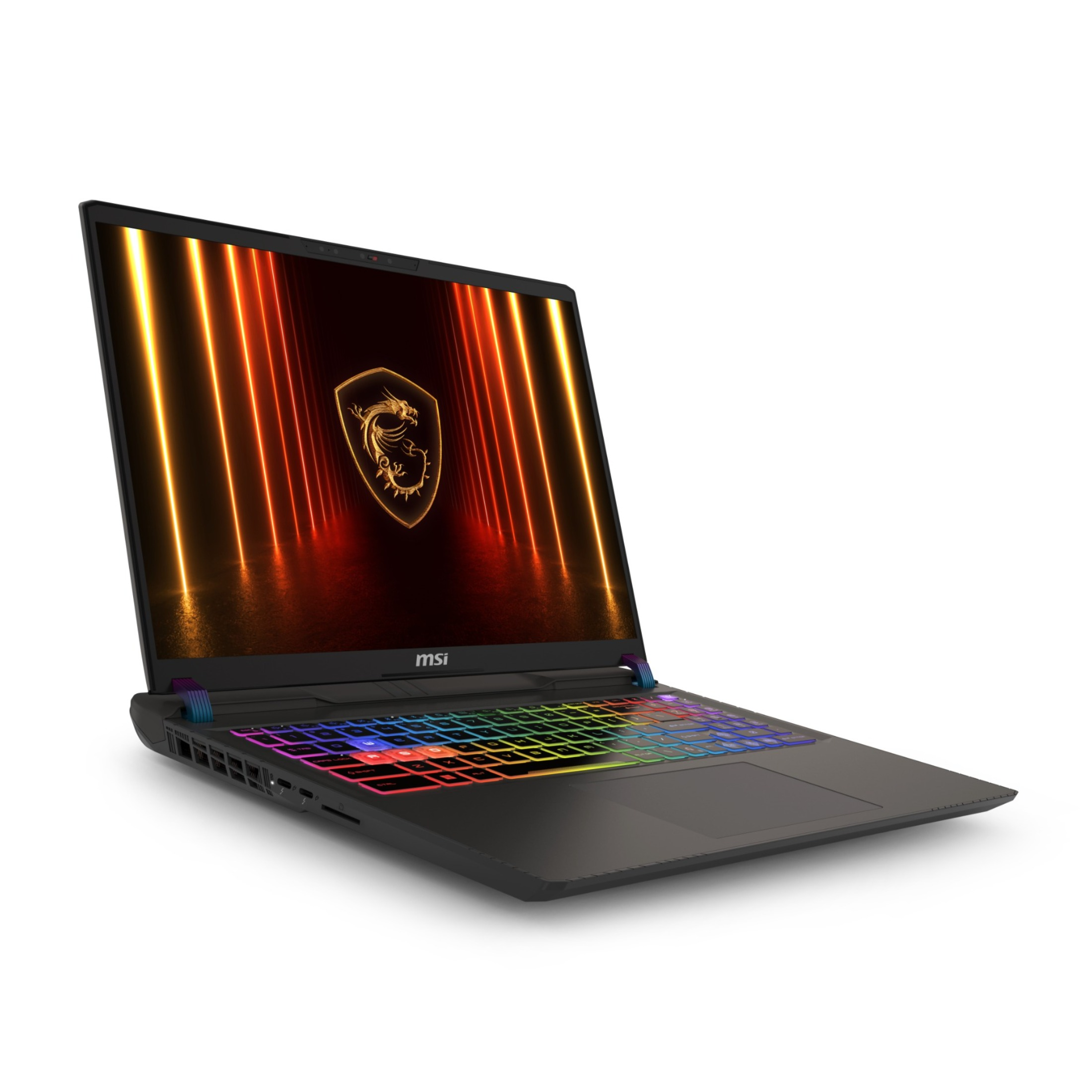 MSI-Gaming-Laptop mit RGB-Tastatur und goldenem Drachen-Logo auf dem Bildschirm vor weißem Hintergrund.