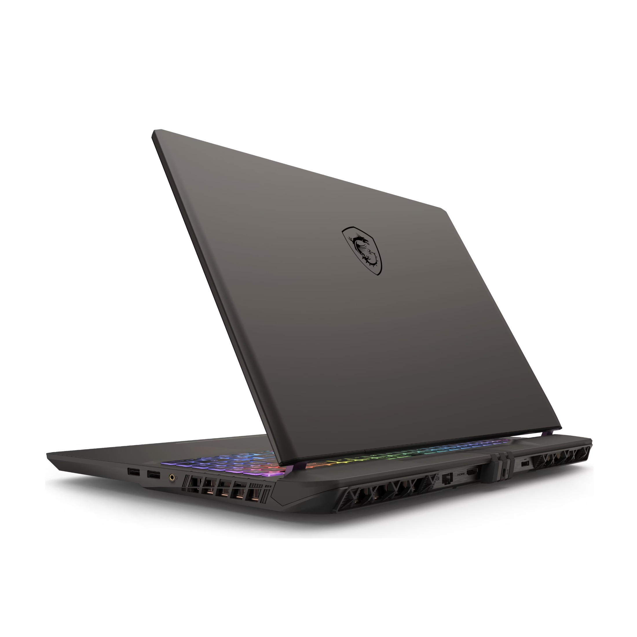 Ein grauer Gaming-Laptop mit RGB-Tastatur und geschlossenem Bildschirm auf weißem Hintergrund.