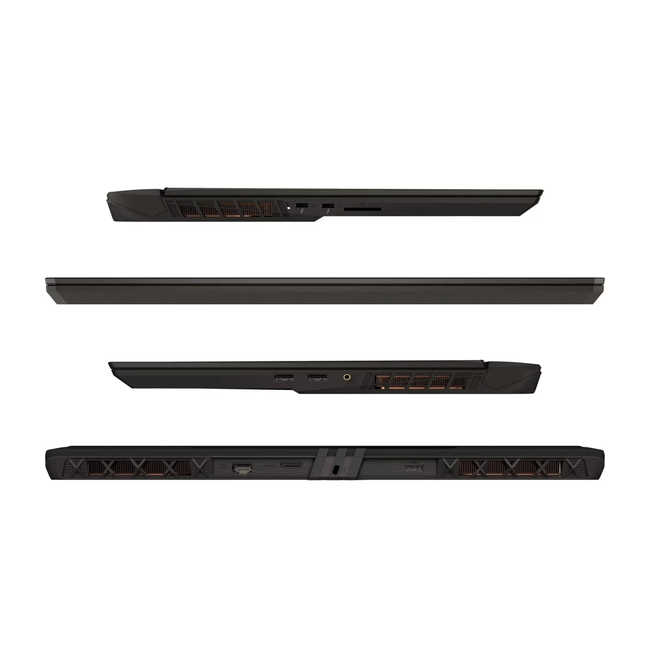 Vier Ansichten eines schwarzen Laptops, die die verschiedenen Seiten und Anschlüsse auf weißem Hintergrund zeigen.