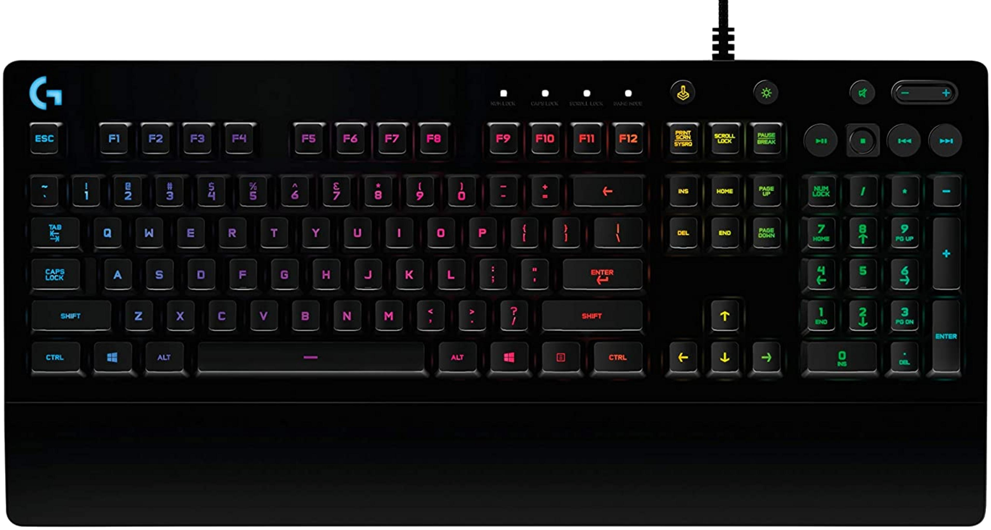 Teclado mecánico negro con retroiluminación RGB, botones multimedia y teclado numérico.