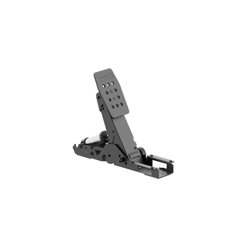 Ein einzelnes, schwarzes Rennsimulator-Pedal auf einem weißen Hintergrund.
