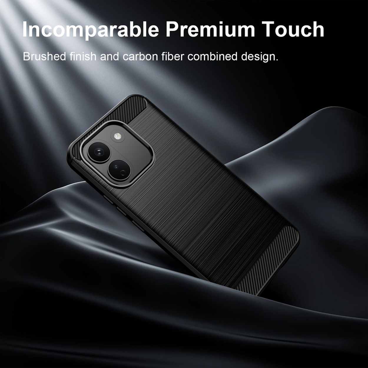 Coque de téléphone noire avec finition brossée et accents en fibre de carbone.