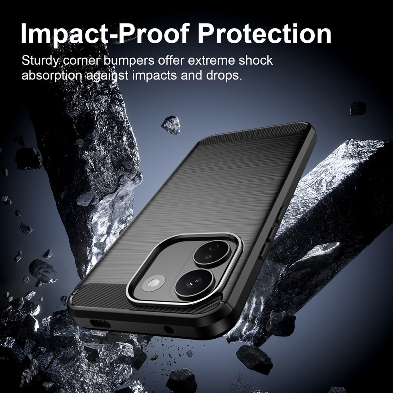 Coque de téléphone noire entourée de rochers flottants, texte en haut à gauche.