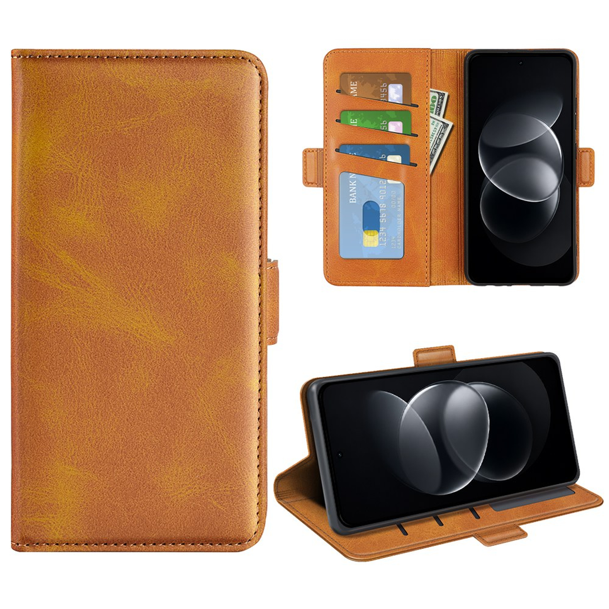 Braune Leder-Handyhülle mit Kartenfächern und Smartphone.