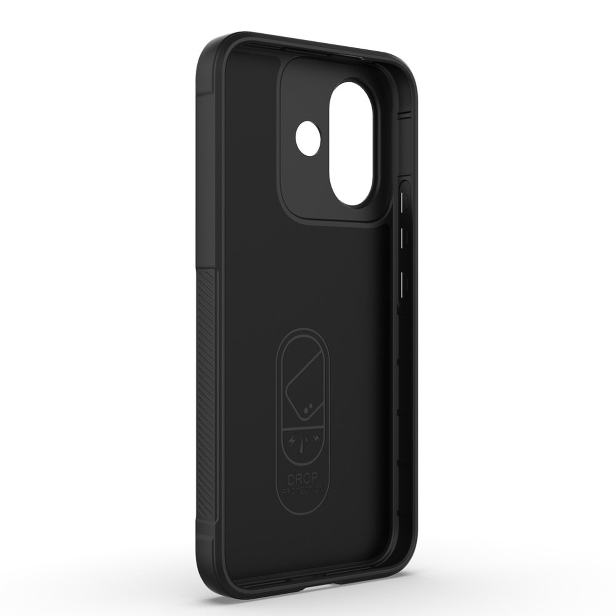 Coque de téléphone noire avec découpe pour appareil photo et graphique de protection contre les chutes.