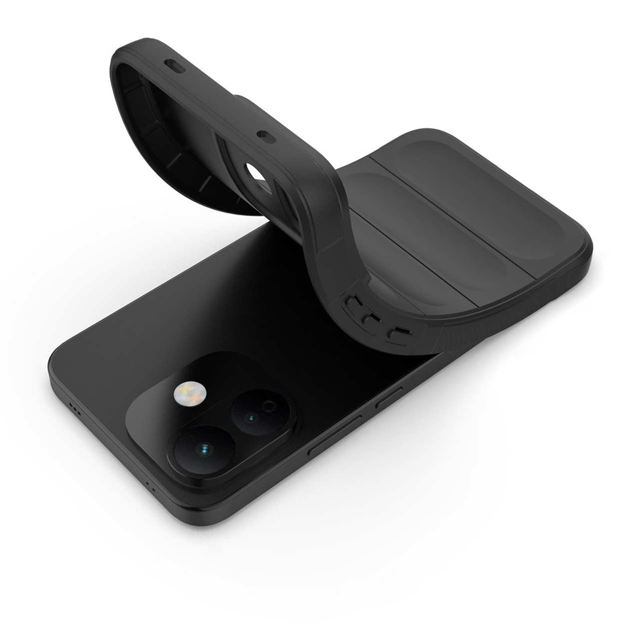 Un smartphone noir repose sur un fond blanc avec une coque de protection noire partiellement ouverte.