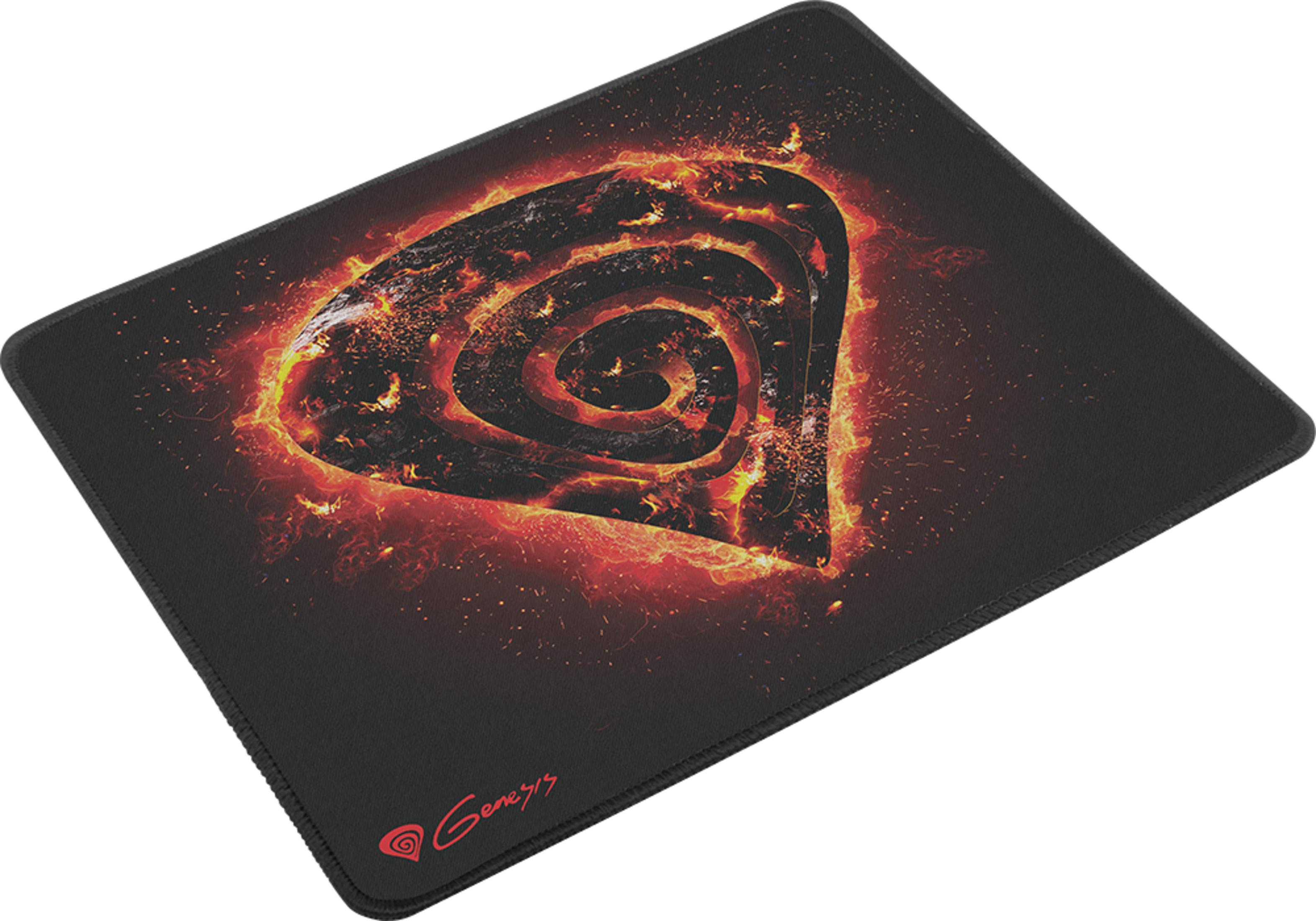 Una alfombrilla de ratón negra con un gráfico de espiral en llamas y el logo rojo.