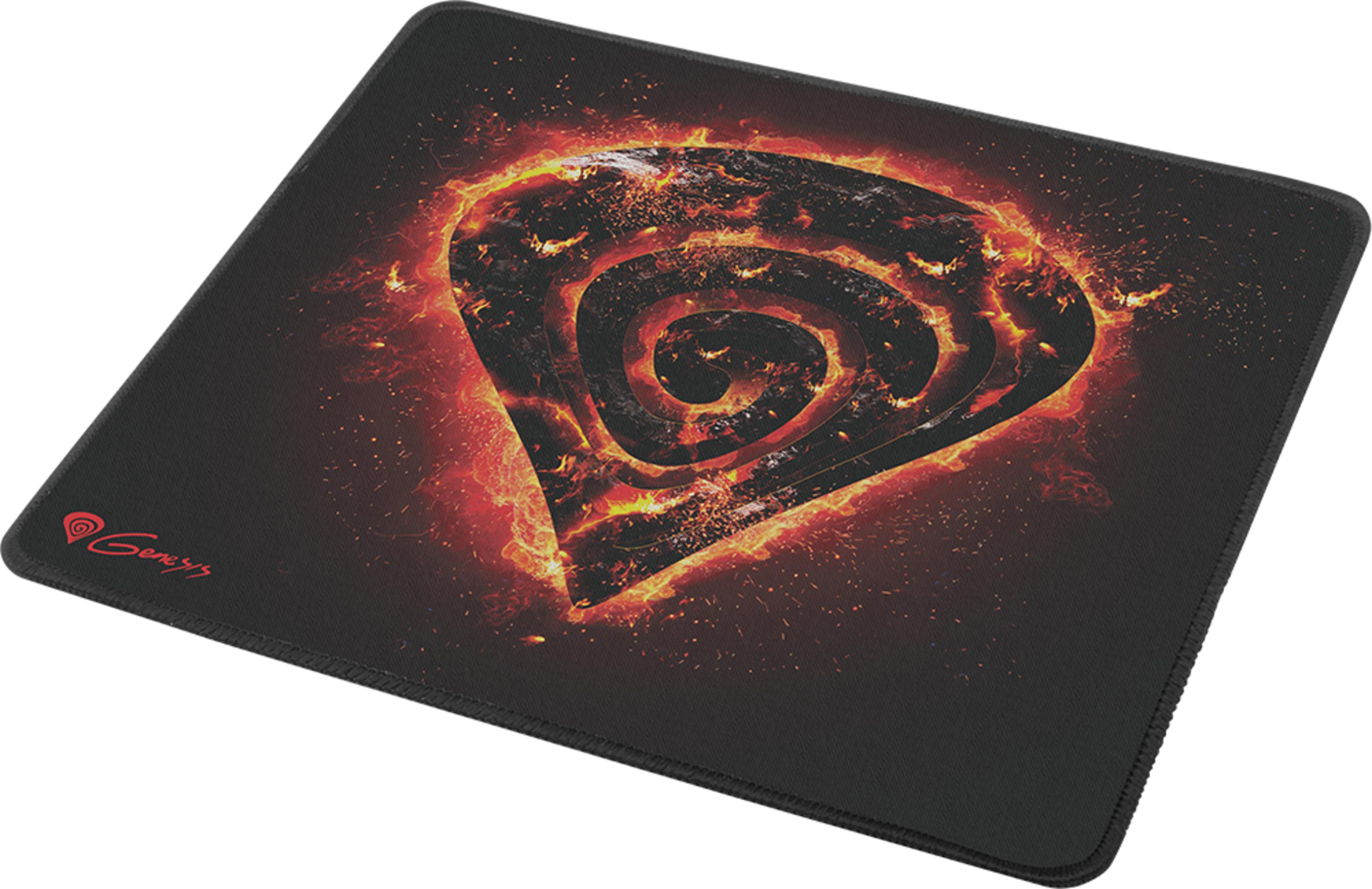 Una alfombrilla de ratón negra con un diseño de remolino de fuego naranja y rojo en el centro y el logo de Genesis.