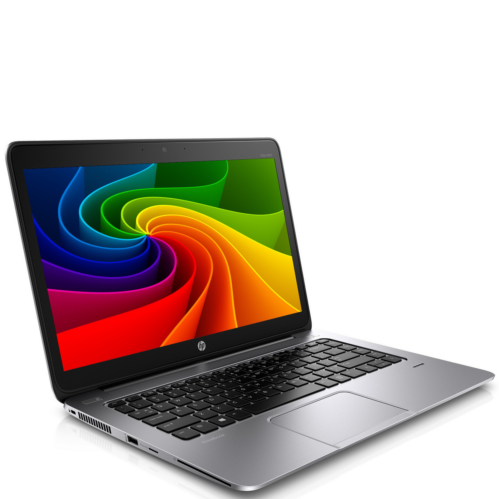 Ein silberner Laptop mit schwarzer Tastatur und einem bunten Wirbelmuster auf dem Bildschirm vor weißem Hintergrund.