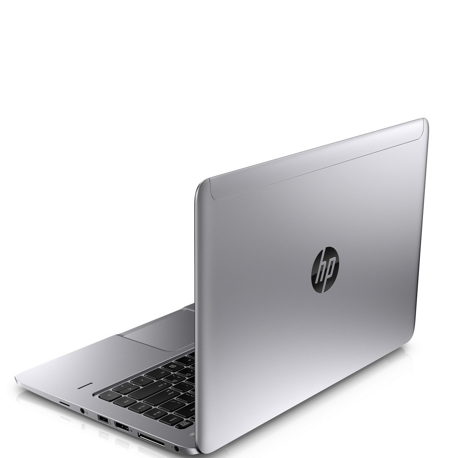 Ein silberner HP Laptop in halbgeöffneter Position auf weißem Hintergrund.