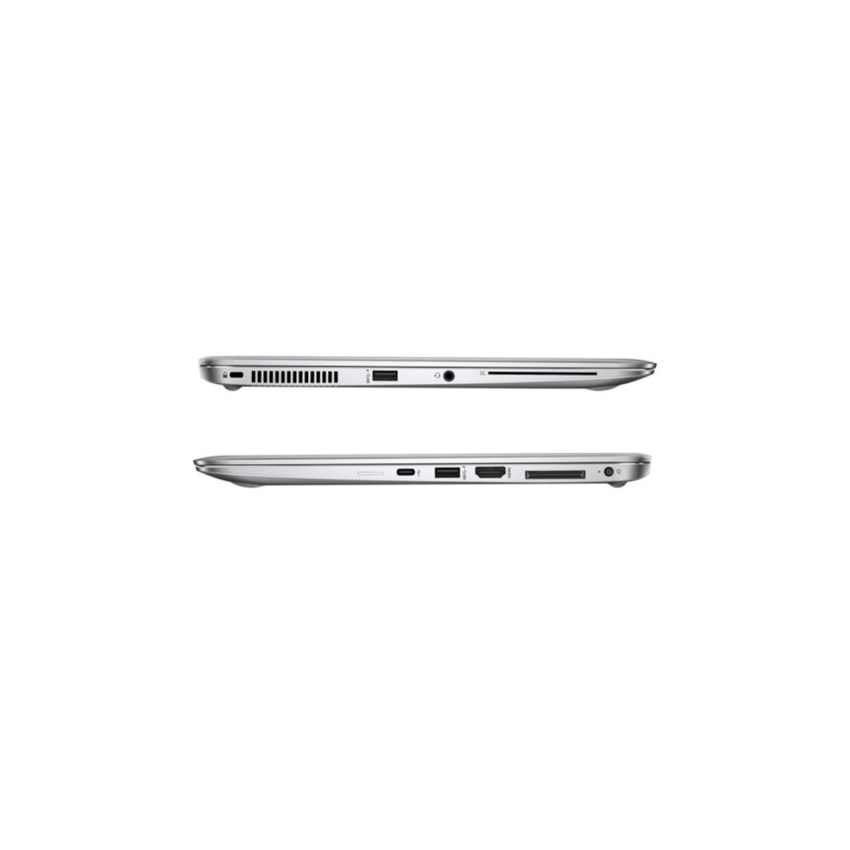 Zwei Seitenansichten eines silbernen Laptops mit Anschlüssen wie USB, HDMI und Audio.