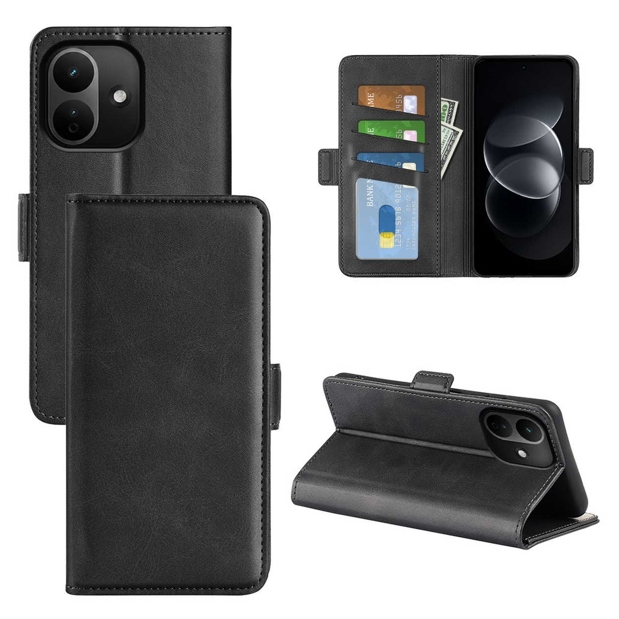 Ein schwarzes Leder-Smartphone-Wallet-Etui aus mehreren Blickwinkeln mit Kartenfächern und integrierter Ständerfunktion.