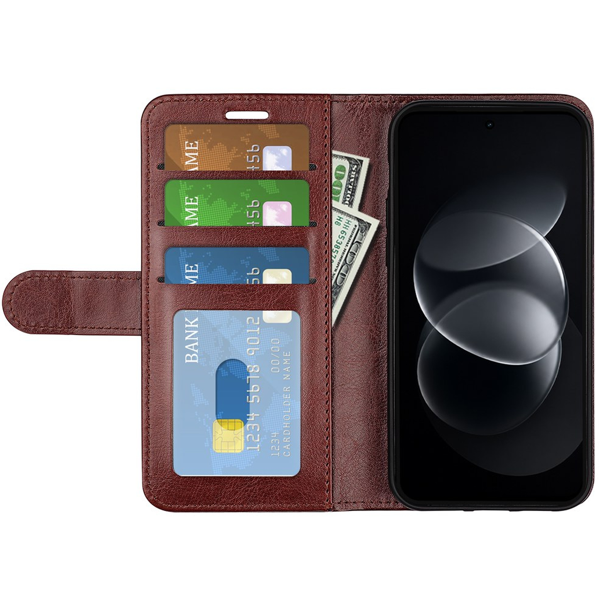 Offene braune Leder-Handyhülle mit vier Karten, Dollarscheinen und einem Smartphone.