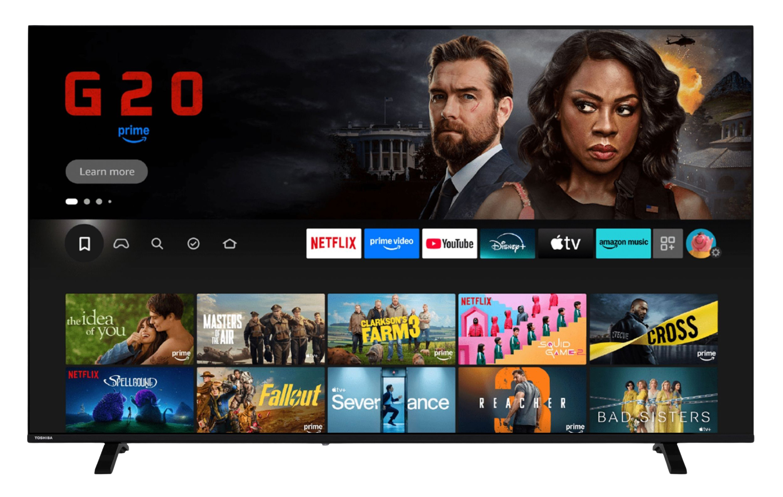 Ein Smart-TV-Bildschirm zeigt Streaming-Menüs mit Film- und Serien-Thumbnails, App-Icons und einem Werbebanner.