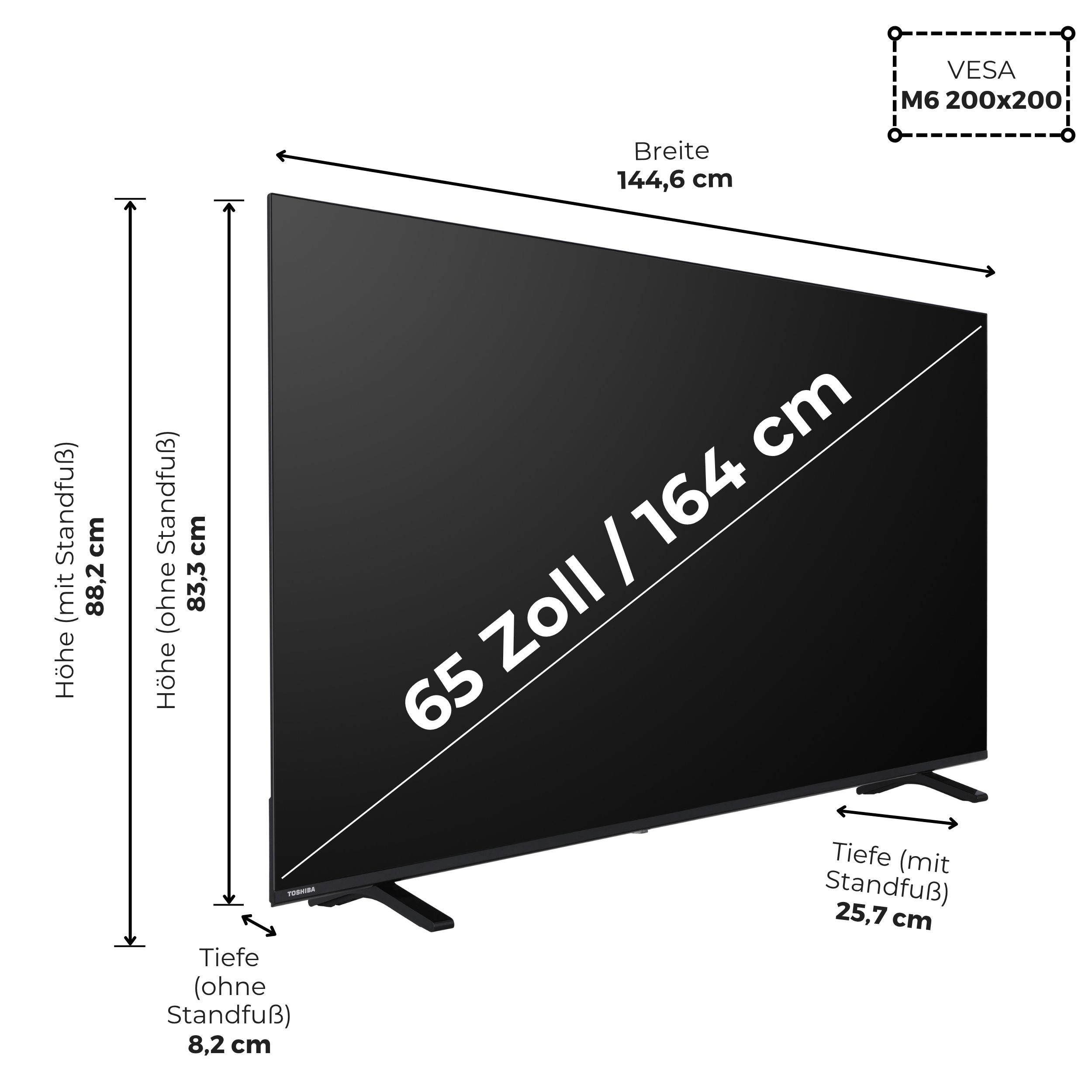 Diagramm zeigt die Abmessungen eines 65-Zoll-Toshiba-Fernsehers mit VESA-Maß.