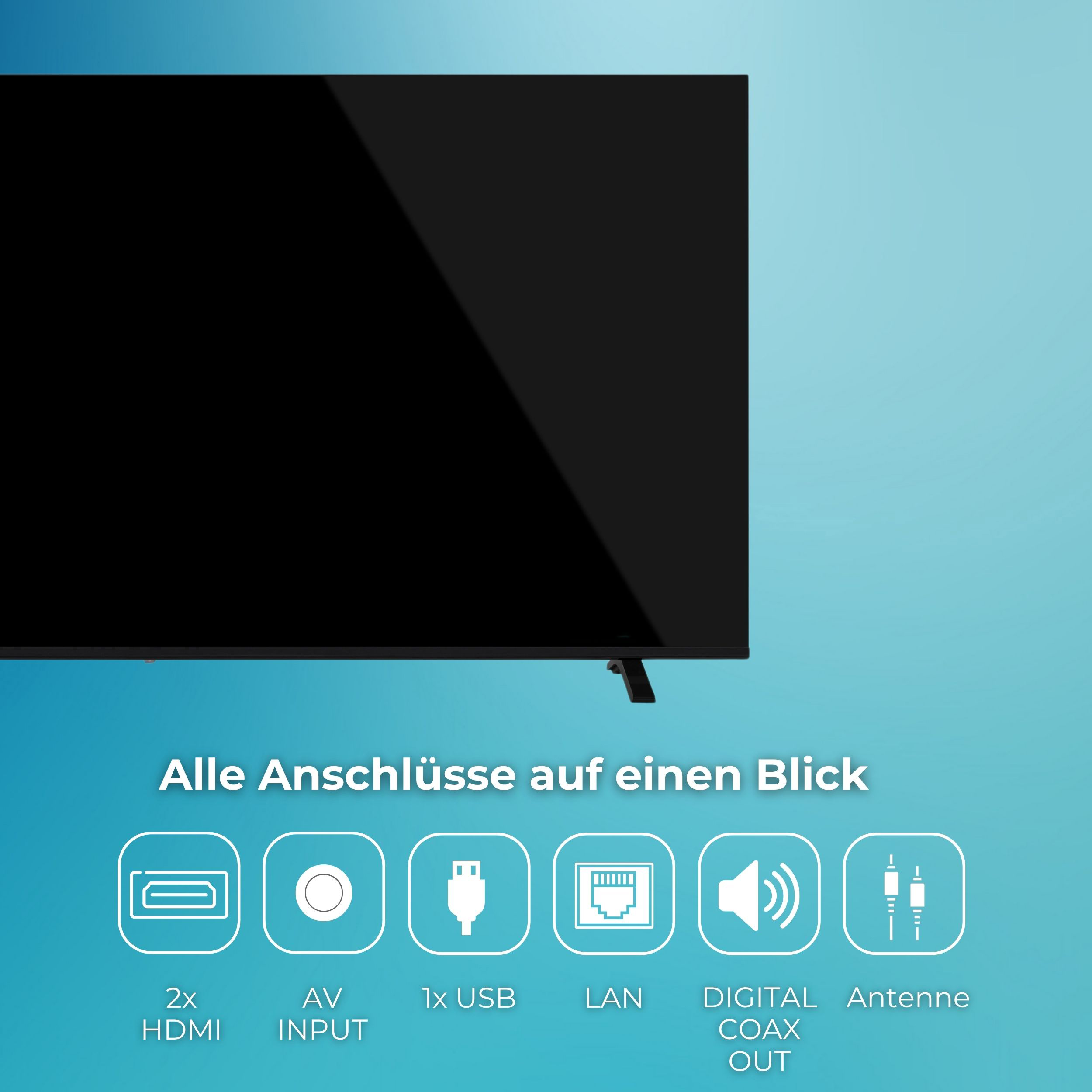 Fernseher mit Icons für Anschlüsse wie HDMI, AV, USB, LAN, COAX und Antenne auf blauem Hintergrund.