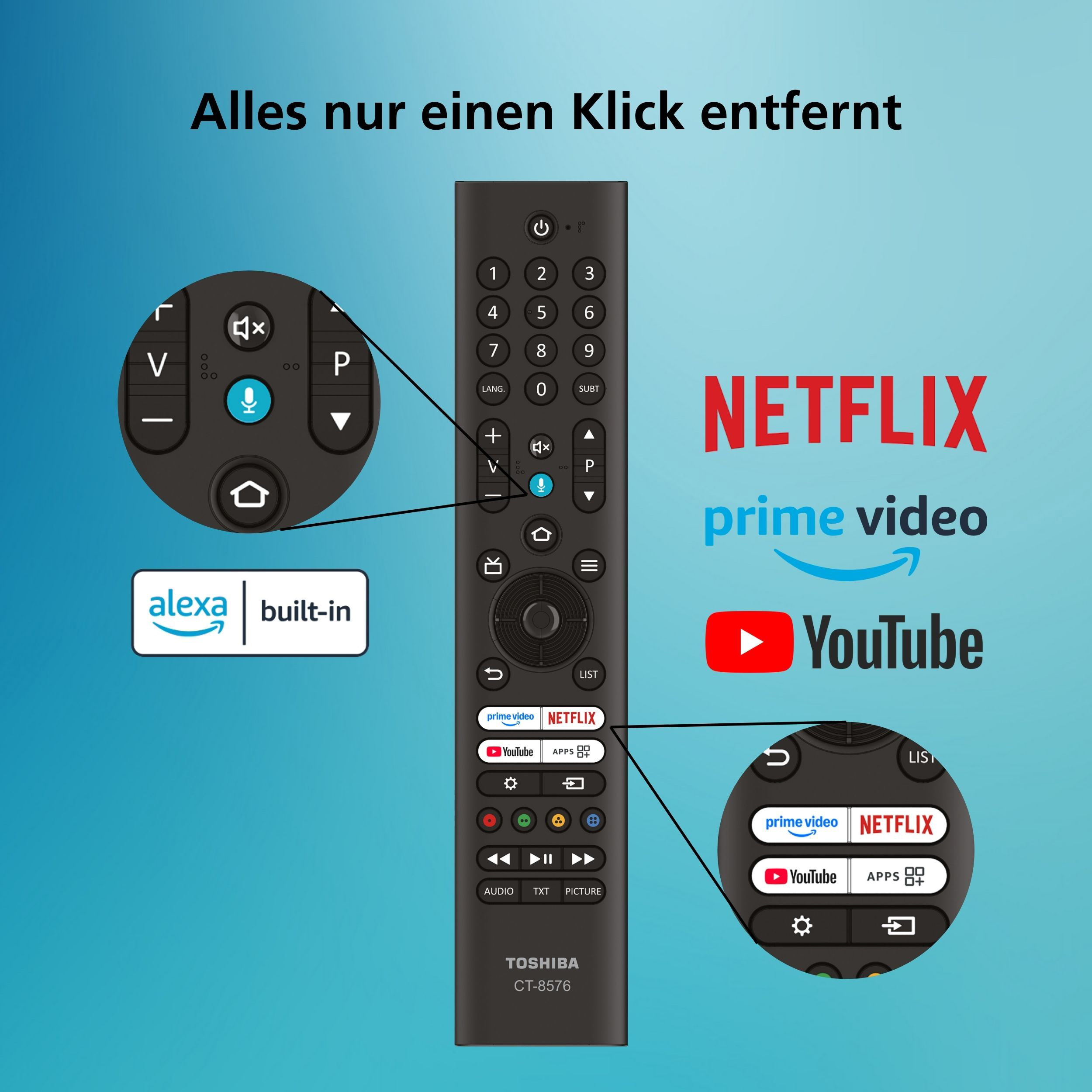 Toshiba-Fernbedienung mit integrierter Alexa-Sprachsteuerung und Schnelltasten für Netflix, Prime Video und YouTube.