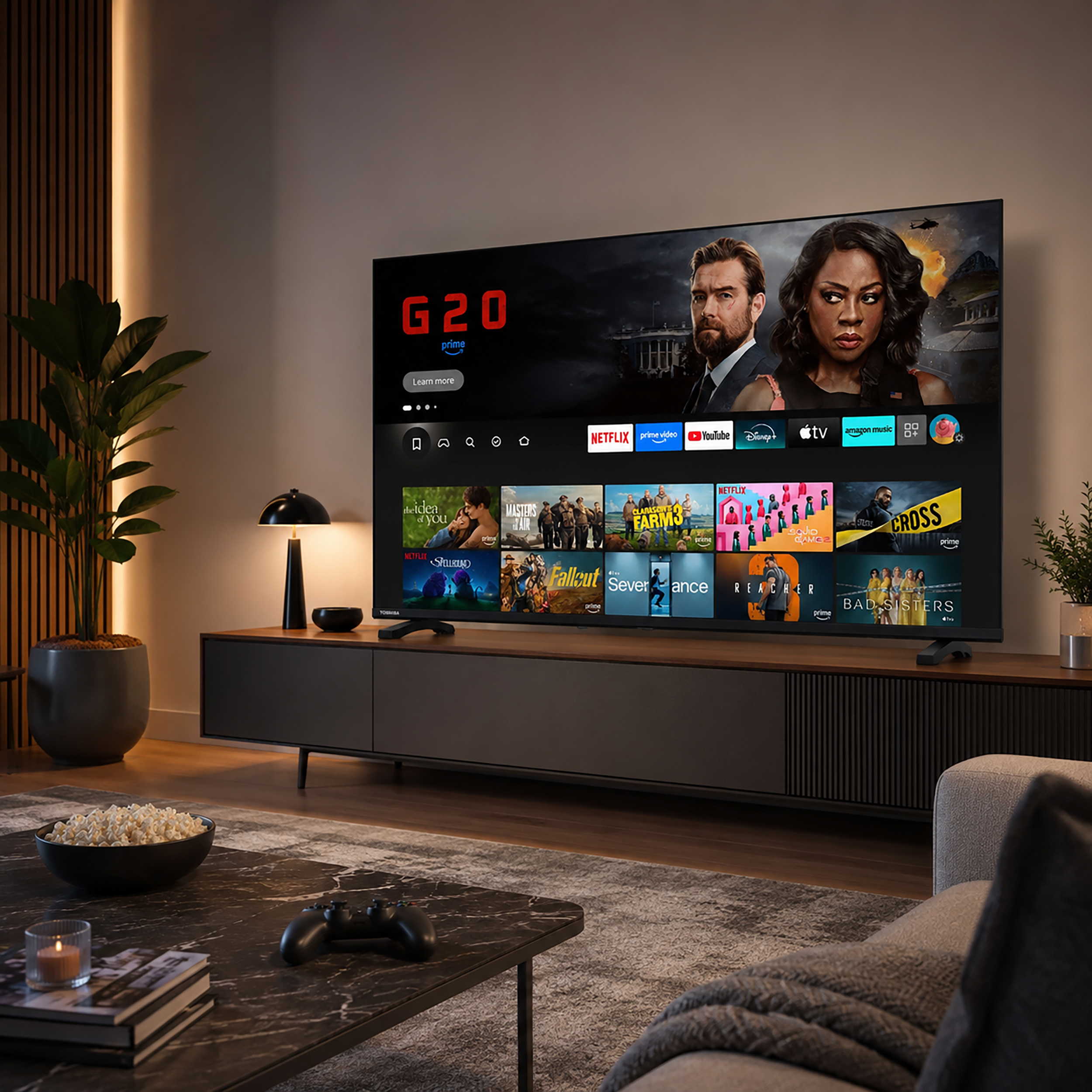 Ein großer Fernseher auf einem modernen Schrank zeigt ein Streaming-Menü in einem gemütlichen, warm beleuchteten Wohnzimmer.