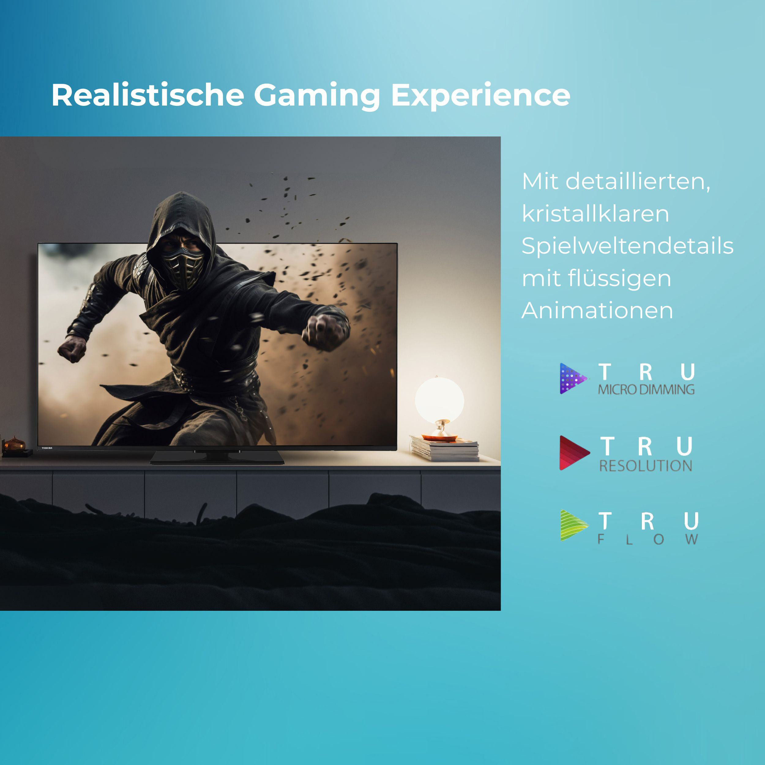Ein Fernseher zeigt ein Actionspiel mit einem Ninjakämpfer, daneben Text und Logos für Display-Technologien.