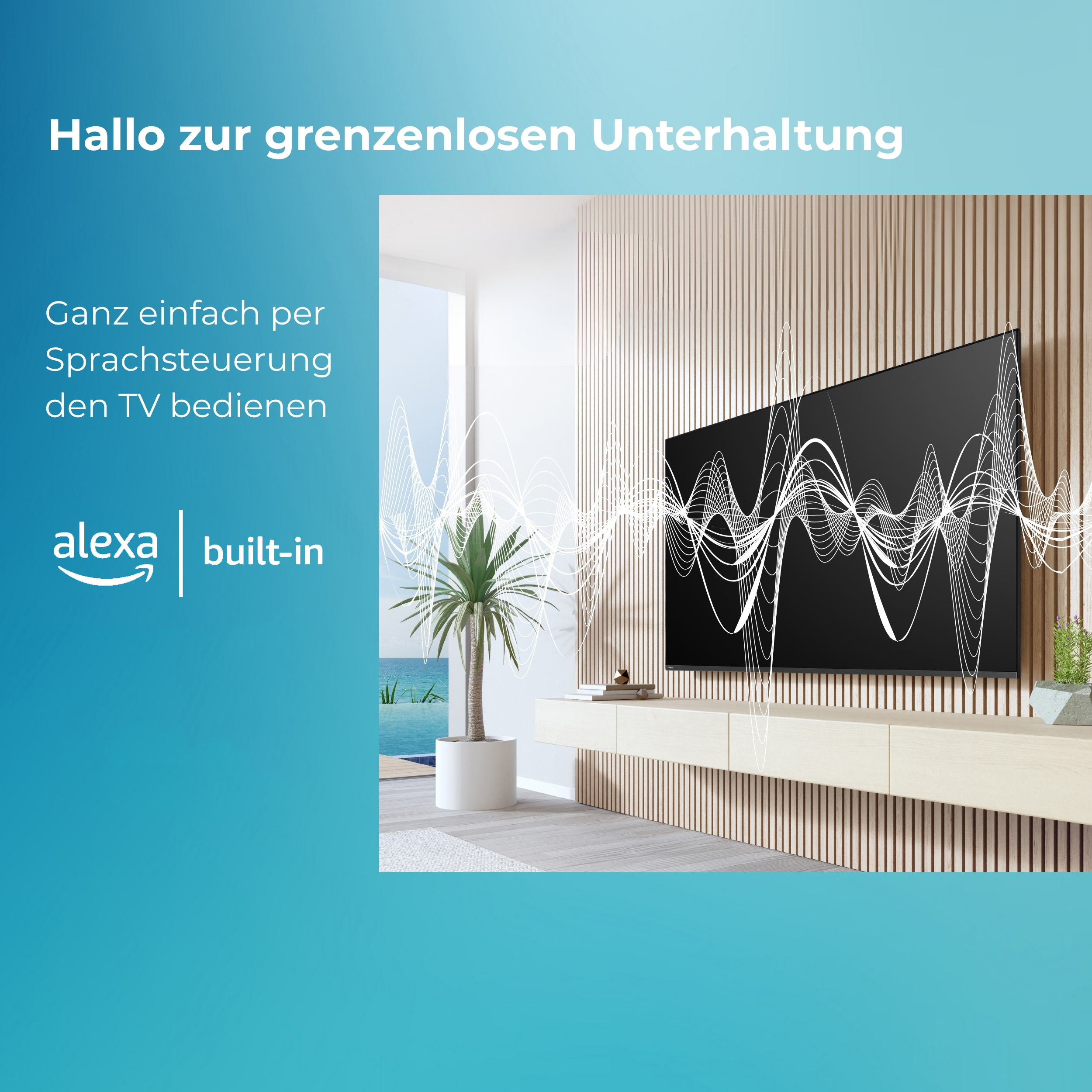 Wohnzimmer mit TV, Holzvertäfelung und weißem Wellenmuster, links blauer Bereich mit Alexa Built-in Logo.