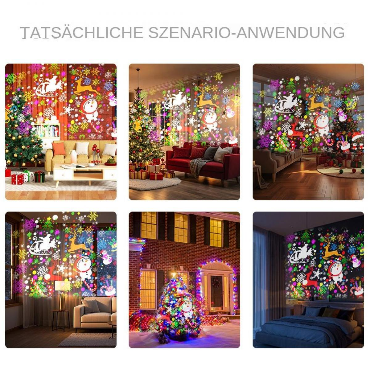 Sechs Bilder zeigen Weihnachts-Laserprojektionen an Wänden und Außenfassaden mit Lichtern und Dekorationen.