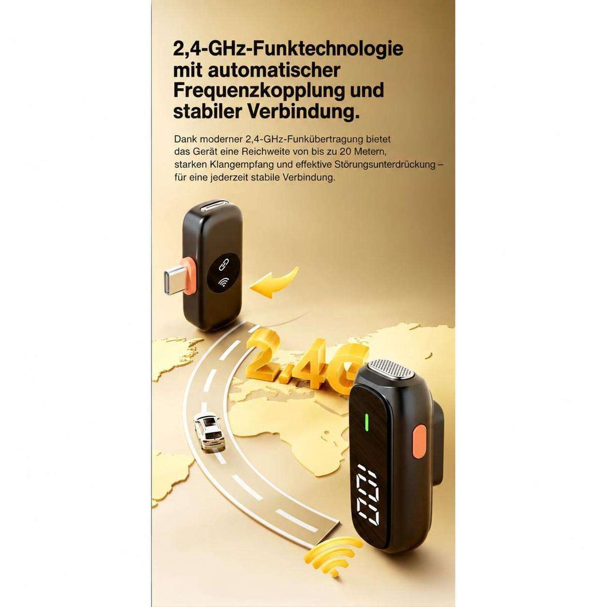 Werbebild für 2,4-GHz-Funktechnologie mit zwei kompakten schwarzen Sendern und Empfängern vor einer Weltkarte.