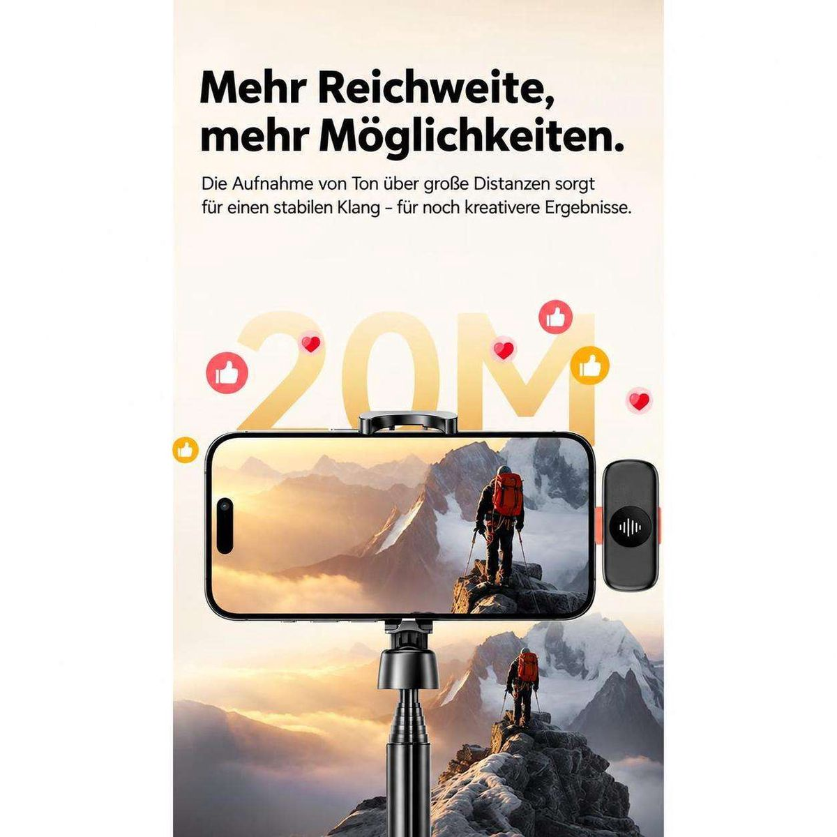 Smartphone auf Stativ vor Berglandschaft mit deutscher Werbung für Audio-Reichweite.
