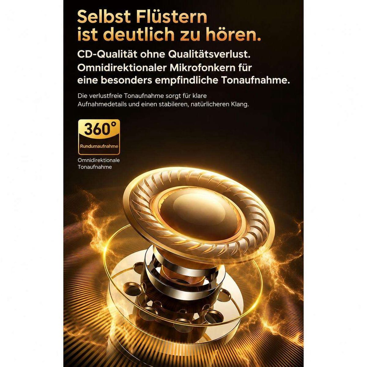 Ein goldenes Mikrofonkomponentendesign mit Textbeschreibungen über 360-Grad-Aufnahmen.