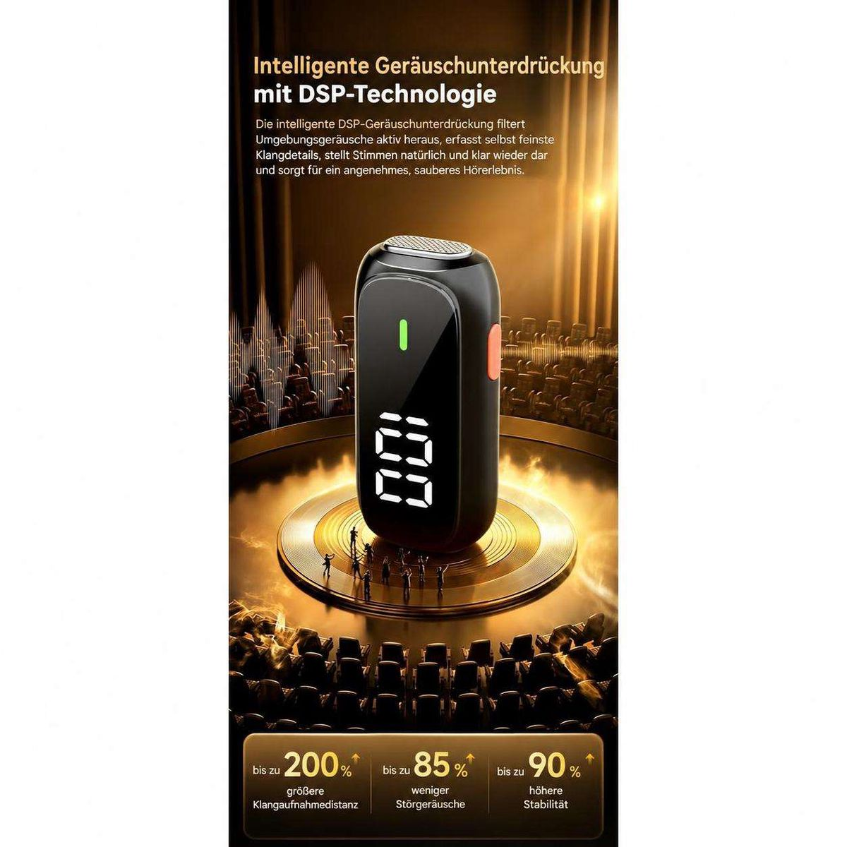 Schwarzes Audiogerät mit digitaler LED-Anzeige vor einem goldenen Konzertsaal-Hintergrund.