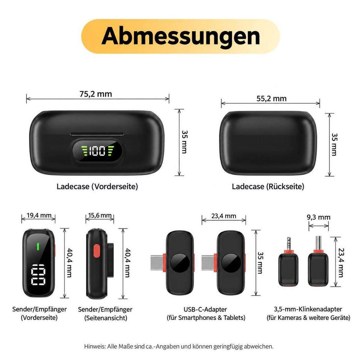 Diagramm zeigt Abmessungen des Ladecases, Senders und von Adaptern mit Maßangaben in Millimetern.