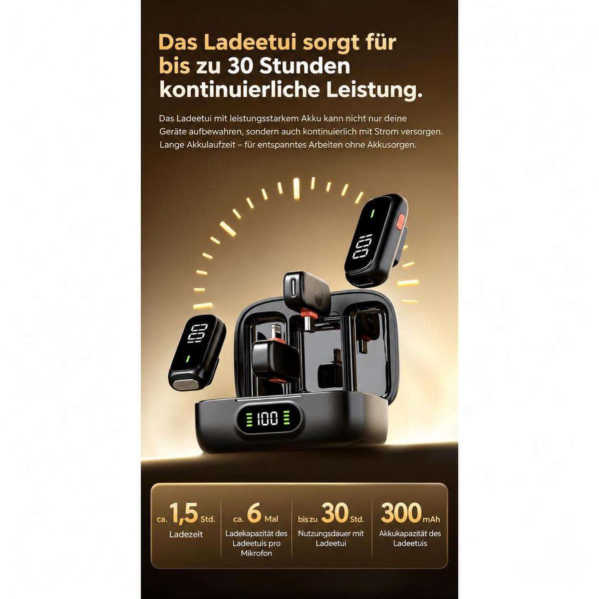Ladeetui mit kabellosen Mikrofonen, digitalen Anzeigen und technischen Daten vor braunem Hintergrund.