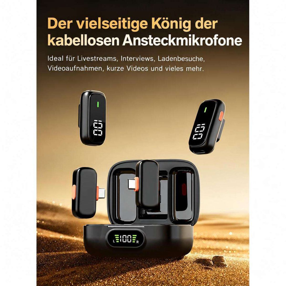 Werbebild für kabellose Ansteckmikrofone in einem Ladecase mit Digitalanzeige vor sandfarbenem Hintergrund.